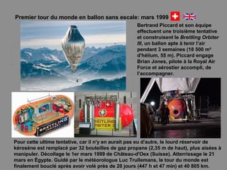 Premier tour du monde en ballon sans escale: mars 1999
Bertrand Piccard et son équipe
effectuent une troisième tentative
et construisent le Breitling Orbiter
III, un ballon apte à tenir l’air
pendant 3 semaines (18 500 m³
d'hélium, 55 m). Piccard engage
Brian Jones, pilote à la Royal Air
Force et aérostier accompli, de
l’accompagner.
Pour cette ultime tentative, car il n'y en aurait pas eu d'autre, le lourd réservoir de
kérosène est remplacé par 32 bouteilles de gaz propane (2,35 m de haut), plus aisées à
manipuler. Décollage le 1er mars 1999 de Château-d'Oex (Suisse). Atterrissage le 21
mars en Égypte. Guidé par le météorologue Luc Trullemans, le tour du monde est
finalement bouclé après avoir volé près de 20 jours (447 h et 47 min) et 40 805 km.
 