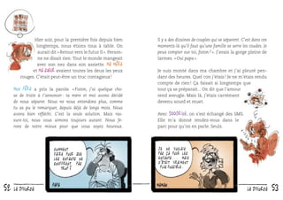 Hier soir, pour la première fois depuis bien
longtemps, nous étions tous à table. On
aurait dit « Retour vers le futur II ». Personne ne disait rien. Tout le monde mangeait
avec son nez dans son assiette. Ma mère
et ma sœur avaient toutes les deux les yeux
rouges. C’était peut-être un truc contagieux !

Mon père

a pris la parole. « Fiston, j’ai quelque chose de triste à t’annoncer : ta mère et moi avons décidé
de nous séparer. Nous ne nous entendons plus, comme
tu as pu le remarquer, depuis déjà de longs mois. Nous
avons bien réﬂéchi. C’est la seule solution. Mais rassure-toi, nous vous aimons toujours autant. Nous ferons de notre mieux pour que vous soyez heureux.

Comment
faire pour que
les enfants ne
souffrent pas
trop?

52

le divorce

Il y a des dizaines de couples qui se séparent. C’est dans ces
moments-là qu’il faut qu’une famille se serre les coudes. Je
peux compter sur toi, ﬁston ? ». J’avais la gorge pleine de
larmes. « Oui papa ».
Je suis monté dans ma chambre et j’ai pleuré pendant des heures. Quel con j’étais ! Je ne m’étais rendu
compte de rien ! Ça faisait si longtemps que
tout ça se préparait... On dit que l’amour
rend aveugle. Mais là, j’étais carrément
devenu sourd et muet.
Avec 100drine, on s’est échangé des SMS.
Elle m’a donné rendez-vous dans le
parc pour qu’on en parle. Seuls.

Je ne voulais
pas ça pour les
enfants... mais
c ’était vraiment
plus possible.

le divorce

53

 