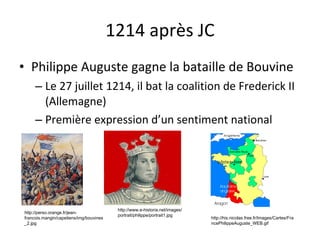 1214 après JC Philippe Auguste gagne la bataille de Bouvine Le 27 juillet 1214, il bat la coalition de Frederick II (Allemagne) Première expression d’un sentiment national http://perso.orange.fr/jean-francois.mangin/capetiens/img/bouvines_2.jpg http://his.nicolas.free.fr/Images/Cartes/FrancePhilippeAuguste_WEB.gif http://www.e-historia.net/images/portrait/philippe/portrait1.jpg 