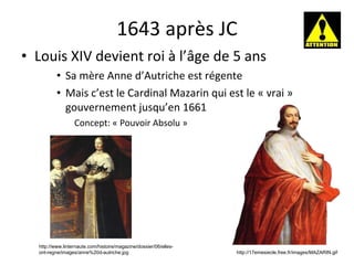 1643 après JC Louis XIV devient roi à l’ â ge de 5 ans Sa mère Anne d’Autriche est régente Mais c’est le Cardinal Mazarin qui est le « vrai » gouvernement jusqu’en 1661 Concept: « Pouvoir Absolu » http://17emesiecle.free.fr/images/MAZARIN.gif http://www.linternaute.com/histoire/magazine/dossier/06/elles-ont-regne/images/anne%20d-autriche.jpg 