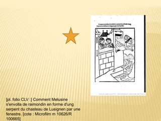 [pl. folio CLV :] Comment Melusine
s'envolla de raimondin en forme d'ung
serpent du chasteau de Lusignen par une
fenestre. [cote : Microfilm m 10626/R
100665]
 
