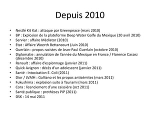 Depuis 2010
•   Nestlé Kit Kat : attaque par Greenpeace (mars 2010)
•   BP : Explosion de la plateforme Deep Water Golfe du Mexique (20 avril 2010)
•   Servier : affaire Médiator (2010)
•   Etat : Affaire Woerth Bettancourt (Juin 2010)
•   Guerlain : propos racistes de Jean-Paul Guerlain (octobre 2010)
•   Diplomatie : annulation de l’année du Mexique en France / Florence Cassez
    (décembre 2010)
•   Renault : affaire d’espionnage (janvier 2011)
•   Quick Avignon : décès d’un adolescent (janvier 2011)
•   Santé : Intoxication E. Coli (2011)
•   Dior / LVMH : Galliano et les propos antisémites (mars 2011)
•   Fukushima : explosion suite à Tsunami (mars 2011)
•   Cora : licenciement d’une caissière (oct 2011)
•   Santé publique : prothèses PIP (2011)
•   DSK : 14 mai 2011
 