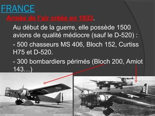 FRANCE
Armée de l’air créée en 1933.
Au début de la guerre, elle possède 1500
avions de qualité médiocre (sauf le D-520) :
- 500 chasseurs MS 406, Bloch 152, Curtiss
H75 et D-520.
- 300 bombardiers périmés (Bloch 200, Amiot
143…)
 