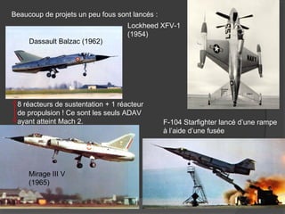 Beaucoup de projets un peu fous sont lancés :
Lockheed XFV-1
(1954)
Dassault Balzac (1962)
Mirage III V
(1965)
F-104 Starfighter lancé d’une rampe
à l’aide d’une fusée
8 réacteurs de sustentation + 1 réacteur
de propulsion ! Ce sont les seuls ADAV
ayant atteint Mach 2.
 