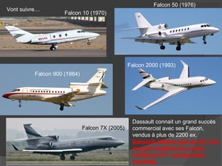 Vont suivre…
Falcon 10 (1970)
Falcon 50 (1976)
Falcon 900 (1984)
Falcon 2000 (1993)
Falcon 7X (2005)
Dassault connait un grand succès
commercial avec ses Falcon,
vendus à plus de 2200 ex.
Dassault détient près de 20 % du
marché mondial des avions
d’affaires (3ème
constructeur
mondial).
 