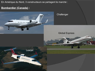 En Amérique du Nord, 3 constructeurs se partagent le marché :
Bombardier (Canada) :
Challenger
Global Express
Learjet
 