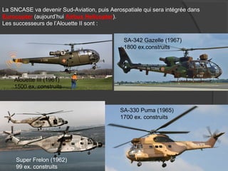 La SNCASE va devenir Sud-Aviation, puis Aerospatiale qui sera intégrée dans
Eurocopter (aujourd’hui Airbus Helicopter).
Les successeurs de l’Alouette II sont :
Alouette III (1961)
1500 ex. construits
SA-330 Puma (1965)
1700 ex. construits
Super Frelon (1962)
99 ex. construits
SA-342 Gazelle (1967)
1800 ex.construits
 