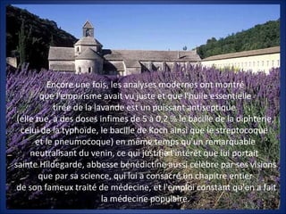 Encore une fois, les analyses modernes ont montré
        que l'empirisme avait vu juste et que l'huile essentielle
            tirée de la lavande est un puissant antiseptique
 (elle tue, à des doses infimes de 5 à 0,2 % le bacille de la diphtérie,
  celui de la typhoïde, le bacille de Koch ainsi que le streptocoque
       et le pneumocoque) en même temps qu'un remarquable
     neutralisant du venin, ce qui justifie l'intérêt que lui portait
sainte Hildegarde, abbesse bénédictine aussi célèbre par ses visions
        que par sa science, qui lui a consacré un chapitre entier
 de son fameux traité de médecine, et l'emploi constant qu'en a fait
                          la médecine populaire.
 
