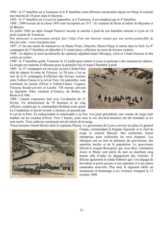31
1892 : le 1er
bataillon est à Tournoux et le 4e
bataillon vient effectuer son premier séjour en Ubaye et exécute
une ma...