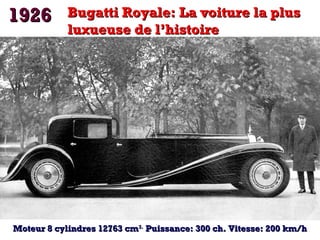 1926

Bugatti Royale: La voiture la plus
luxueuse de l’histoire

Moteur 8 cylindres 12763 cm3. Puissance: 300 ch. Vitesse: 200 km/h

 