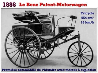 1886 Le Benz Patent-Motorwagen
Tricycle
954 cm3
16 km/h

Première automobile de l’histoire avec moteur à explosion

 