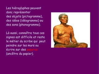 Les hiéroglyphes peuvent donc représenter  des objets (pictogramme), des idées (idéogramme) ou des sons (phonogramme). Là aussi, connaître tous ces signes est difficile et reste le métier du scribe qui  peut peindre sur les murs ou écrire sur des  papyrus  (ancêtre du papier). 