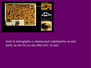 Ainsi le hiéroglyphe ci-dessus peut représenter un mot (oeil), un son (ir) ou une idée (voir, la vue) 