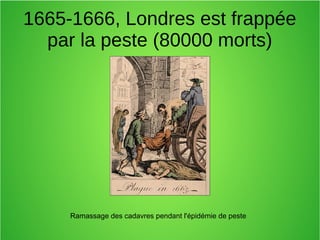 1665-1666, Londres est frappée
par la peste (80000 morts)
Ramassage des cadavres pendant l'épidémie de peste
 
