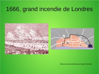 1666, grand incendie de Londres
Partie de Londres détruite par le grand incendie
 
