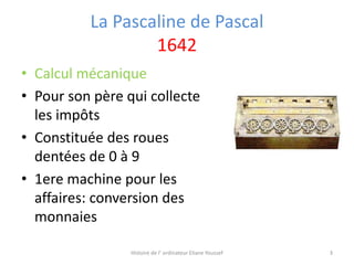 La Pascaline de Pascal
1642
• Calcul mécanique
• Pour son père qui collecte
les impôts
• Constituée des roues
dentées de 0 à 9
• 1ere machine pour les
affaires: conversion des
monnaies
Histoire de l’ ordinateur Eliane Youssef

3

 