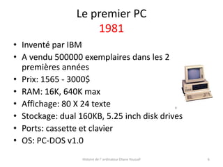 Le premier PC
1981
• Inventé par IBM
• A vendu 500000 exemplaires dans les 2
premières années
• Prix: 1565 - 3000$
• RAM: 16K, 640K max
• Affichage: 80 X 24 texte
• Stockage: dual 160KB, 5.25 inch disk drives
• Ports: cassette et clavier
• OS: PC-DOS v1.0
Histoire de l’ ordinateur Eliane Youssef

6

 