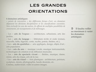 les grandes orientations 6 domaines artistiques « points de rencontres » des différentes formes d’art, ces domaines dépassent les divisions disciplinaires et les classifications courantes. Non exclusifs les uns des autres, ils offrent de multiples possibilités de croisements, de recoupements et de métissages . - Les «  arts de l'espace  » : architecture, urbanisme, arts des jardins.  - Les «  arts du langage  » : littérature écrite et orale (roman, nouvelle, fable, légende, conte, mythe, poésie, théâtre, etc.). - Les «  arts du quotidien  » : arts appliqués, design, objets d'art ; arts populaires.  - Les «  arts du son  » : musique vocale, musique instrumentale, technologies de création et de diffusion musicales. - Les «  arts du spectacle vivant  » : théâtre, musique, danse, mime, arts du cirque, arts de la rue.  - Les «  arts du visuel  » : Arts plastiques : architecture, peinture, sculpture, dessin, photographie, bande dessinée, etc. Cinéma, audiovisuel, vidéo et autres images.  Il faudra veiller au maximum à varier les domaines artistiques 