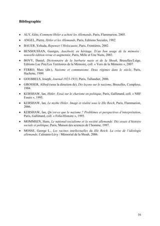 Bibliographie
•

ALY, Götz, Comment Hitler a acheté les Allemands, Paris, Flammarion, 2005.

•

ANGEL, Pierre, Hitler et les Allemands, Paris, Editions Sociales, 1982.

•

BAUER, Yehuda, Repenser l’Holocauste, Paris, Frontières, 2002.

•

BENSOUSSAN, Georges, Auschwitz en héritage. D’un bon usage de la mémoire :
nouvelle édition revue et augmentée, Paris, Mille et Une Nuits, 2003.

•

BOVY, Daniel, Dictionnaire de la barbarie nazie et de la Shoah, Bruxelles/Liège,
Editions Luc Pire/Les Territoires de la Mémoire, coll. « Voix de la Mémoire », 2007.

•

FERRO, Marc (dir.), Nazisme et communisme. Deux régimes dans le siècle, Paris,
Hachette, 1999.

•

GOEBBELS, Joseph, Journal 1923-1933, Paris, Tallandier, 2006.

•

GROSSER, Alfred (sous la direction de), Dix leçons sur le nazisme, Bruxelles, Complexe,
1984.

•

KERSHAW, Ian, Hitler. Essai sur le charisme en politique, Paris, Gallimard, coll. « NRF
Essais », 1995.

•

KERSHAW, Ian, Le mythe Hitler. Image et réalité sous le IIIe Reich, Paris, Flammarion,
2006.

•

KERSHAW, Ian, Qu’est-ce que le nazisme ? Problèmes et perspectives d’interprétation,
Paris, Gallimard, coll. « Folio/Histoire », 1993.

•

MOMMSEN, Hans, Le national-socialisme et la société allemande. Dix essais d’histoire
sociale et politique, Paris, Maison des sciences de l’homme, 1997.

•

MOSSE, George L., Les racines intellectuelles du IIIe Reich. La crise de l’idéologie
allemande, Calmann-Lévy / Mémorial de la Shoah, 2006.

16

 