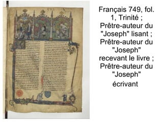 Français 749, fol. 1, Trinité ; Prêtre-auteur du "Joseph" lisant ; Prêtre-auteur du "Joseph" recevant le livre ; Prêtre-auteur du "Joseph" écrivant   