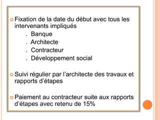  Fixation de la date du début avec tous les
intervenants impliqués
. Banque
. Architecte
. Contracteur
. Développement social
 Suivi régulier par l’architecte des travaux et
rapports d’étapes
 Paiement au contracteur suite aux rapports
d’étapes avec retenu de 15%
 