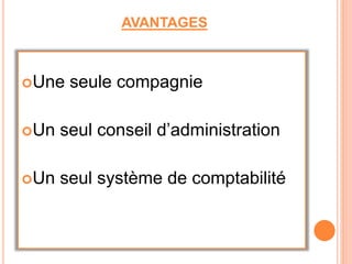 AVANTAGES
Une seule compagnie
Un seul conseil d’administration
Un seul système de comptabilité
 