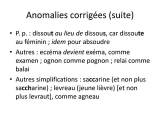 Anomalies corrigées (suite)
• P. p. : dissout au lieu de dissous, car dissoute
au féminin ; idem pour absoudre
• Autres : eczéma devient exéma, comme
examen ; ognon comme pognon ; relai comme
balai
• Autres simplifications : saccarine (et non plus
saccharine) ; levreau (jeune lièvre) [et non
plus levraut], comme agneau
 