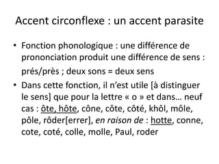 Accent circonflexe : un accent parasite
• Fonction phonologique : une différence de
prononciation produit une différence de sens :
prés/près ; deux sons = deux sens
• Dans cette fonction, il n’est utile [à distinguer
le sens] que pour la lettre « o » et dans… neuf
cas : ôte, hôte, cône, côte, côté, khôl, môle,
pôle, rôder[errer], en raison de : hotte, conne,
cote, coté, colle, molle, Paul, roder
 
