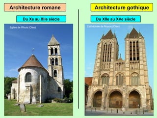 Architecture romane
Du Xe au XIIe siècle
Eglise de Rhuis (Oise)

Architecture gothique
Du XIIe au XVe siècle
Cathédrale de Noyon (Oise)

 