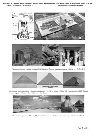 Université de Carthage. Ecole Nationale d’Architecture et d’Urbanisme de Tunis. Département d’Architecture. Année 2016/2017
M1-41 : Histoire de l’architecture. Enseignante : Hounaida Dhouib
Page 19 sur 64
Plan reconstitution et vues du complexe funéraire du roi Djoser à Saqqarah conçu par Imhotep vers 2630 av J. C.
Vue et coupe schématique de la pyramide rouge (hauteur : 104,40 m, largeur : 220 m) et la pyramide rhomboïdale (hauteur
: 105 m, largeur : 189 m) du pharaon Snéfrou à Dahchour.
Vue des trois pyramides (Khéops, Khephren et Mykérinos) et du Sphinx dans le complexe funéraire de Gizeh.
 