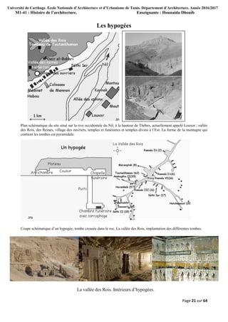 Université de Carthage. Ecole Nationale d’Architecture et d’Urbanisme de Tunis. Département d’Architecture. Année 2016/2017
M1-41 : Histoire de l’architecture. Enseignante : Hounaida Dhouib
Page 21 sur 64
Les hypogées
Plan schématique du site situé sur la rive occidentale du Nil, à la hauteur de Thèbes, actuellement appelé Louxor : vallée
des Rois, des Reines, village des ouvriers, temples et funéraires et temples divins à l’Est. La forme de la montagne qui
contient les tombes est pyramidale.
Coupe schématique d’un hypogée, tombe creusée dans le roc. La vallée des Rois, implantation des différentes tombes.
La vallée des Rois. Intérieurs d’hypogées.
 