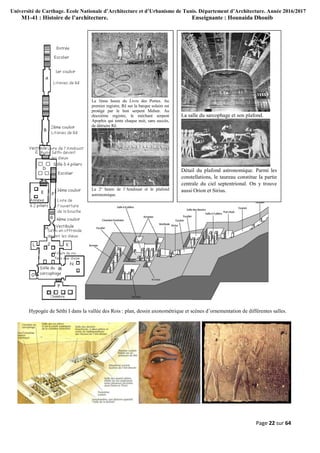 Université de Carthage. Ecole Nationale d’Architecture et d’Urbanisme de Tunis. Département d’Architecture. Année 2016/2017
M1-41 : Histoire de l’architecture. Enseignante : Hounaida Dhouib
Page 22 sur 64
Hypogée de Séthi I dans la vallée des Rois : plan, dessin axonométrique et scènes d’ornementation de différentes salles.
La 3ème heure du Livre des Portes. Au
premier registre, Rê sur la barque solaire est
protégé par le bon serpent Mehen. Au
deuxième registre, le méchant serpent
Apophis qui tente chaque nuit, sans succès,
de détruire Rê.
La 2e
heure de l’Amdouat et le plafond
astronomique.
La salle du sarcophage et son plafond.
Détail du plafond astronomique. Parmi les
constellations, le taureau constitue la partie
centrale du ciel septentrional. On y trouve
aussi Orion et Sirius.
 