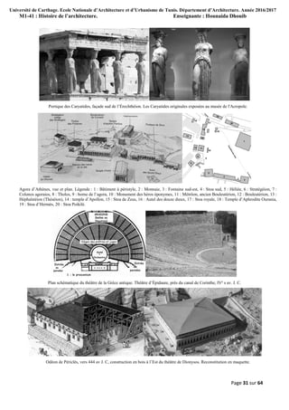 Université de Carthage. Ecole Nationale d’Architecture et d’Urbanisme de Tunis. Département d’Architecture. Année 2016/2017
M1-41 : Histoire de l’architecture. Enseignante : Hounaida Dhouib
Page 31 sur 64
Portique des Caryatides, façade sud de l’Érechthéion. Les Caryatides originales exposées au musée de l'Acropole.
Agora d’Athènes, vue et plan. Légende : 1 : Bâtiment à péristyle, 2 : Monnaie, 3 : Fontaine sud-est, 4 : Stoa sud, 5 : Héliée, 6 : Stratègéion, 7 :
Colonos agoraios, 8 : Tholos, 9 : borne de l’agora, 10 : Monument des héros éponymes, 11 : Métrôon, ancien Bouleutérion, 12 : Bouleutérion, 13 :
Héphaïstéion (Théséion), 14 : temple d’Apollon, 15 : Stoa de Zeus, 16 : Autel des douze dieux, 17 : Stoa royale, 18 : Temple d’Aphrodite Ourania,
19 : Stoa d’Hermès, 20 : Stoa Poikilè.
Plan schématique du théâtre de la Grèce antique. Théâtre d’Épidaure, près du canal de Corinthe, IVe s av. J. C.
Odéon de Périclès, vers 444 av J. C, construction en bois à l’Est du théâtre de Dionysos. Reconstitution en maquette.
 