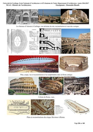 Université de Carthage. Ecole Nationale d’Architecture et d’Urbanisme de Tunis. Département d’Architecture. Année 2016/2017
M1-41 : Histoire de l’architecture. Enseignante : Hounaida Dhouib
Page 36 sur 64
Les thermes d’Antonin à Carthage, vue aérienne du site, reconstitution et vues des vestiges.
Plan, coupe, vue et reconstitutions d’un amphithéâtre dans la Rome antique.
Colisée de Rome, vues.
Plan et reconstitutions du cirque Maximus à Rome.
 