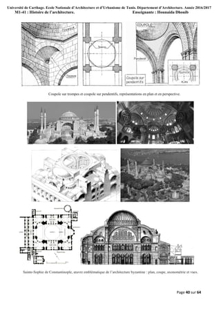 Université de Carthage. Ecole Nationale d’Architecture et d’Urbanisme de Tunis. Département d’Architecture. Année 2016/2017
M1-41 : Histoire de l’architecture. Enseignante : Hounaida Dhouib
Page 40 sur 64
Coupole sur trompes et coupole sur pendentifs, représentations en plan et en perspective.
Sainte-Sophie de Constantinople, œuvre emblématique de l’architecture byzantine : plan, coupe, axonométrie et vues.
 