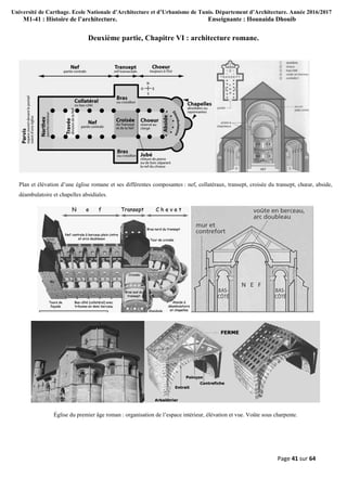 Université de Carthage. Ecole Nationale d’Architecture et d’Urbanisme de Tunis. Département d’Architecture. Année 2016/2017
M1-41 : Histoire de l’architecture. Enseignante : Hounaida Dhouib
Page 41 sur 64
Deuxième partie, Chapitre VI : architecture romane.
Plan et élévation d’une église romane et ses différentes composantes : nef, collatéraux, transept, croisée du transept, chœur, abside,
déambulatoire et chapelles absidiales.
Église du premier âge roman : organisation de l’espace intérieur, élévation et vue. Voûte sous charpente.
 