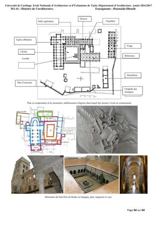 Université de Carthage. Ecole Nationale d’Architecture et d’Urbanisme de Tunis. Département d’Architecture. Année 2016/2017
M1-41 : Histoire de l’architecture. Enseignante : Hounaida Dhouib
Page 44 sur 64
Plan et composantes d’un monastère, établissement religieux dans lequel des moines vivent en communauté.
Monastère de Sant Pere de Rodes en Espagne, plan, maquette et vues.
Salle capitulaire
Dortoir
Chauffoir
Forge
Réfectoire
Hostellerie
Chapelle des
étrangers
Mur d’enceinte
Lavabo
Cloître
Eglise abbatiale
 