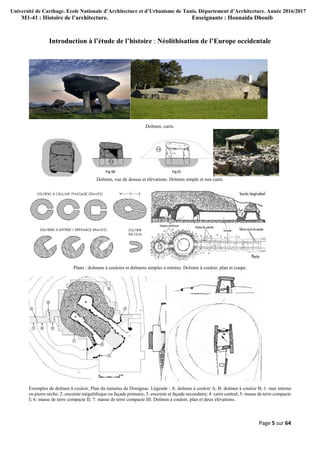 Université de Carthage. Ecole Nationale d’Architecture et d’Urbanisme de Tunis. Département d’Architecture. Année 2016/2017
M1-41 : Histoire de l’architecture. Enseignante : Hounaida Dhouib
Page 5 sur 64
Introduction à l’étude de l’histoire : Néolithisation de l’Europe occidentale
Dolmen, cairn.
Dolmen, vue de dessus et élévations. Dolmen simple et son cairn.
Plans : dolmens à couloirs et dolmens simples à entrées. Dolmen à couloir, plan et coupe.
Exemples de dolmen à couloir, Plan du tumulus de Dissignac. Légende : A: dolmen à couloir A; B: dolmen à couloir B; 1: mur interne
en pierre sèche; 2: enceinte mégalithique ou façade primaire; 3: enceinte et façade secondaire; 4: cairn central; 5: masse de terre compacte
I; 6: masse de terre compacte II; 7: masse de terre compacte III. Dolmen à couloir, plan et deux élévations.
 