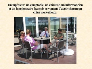 Un ingénieur, un comptable, un chimiste, un informaticien et un fonctionnaire français se vantent d'avoir chacun un chien merveilleux.. 