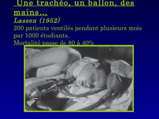 Une trachéo, un ballon, des mains… Lassen (1952) 200 patients ventilés pendant plusieurs mois par 1000 étudiants. Mortalité passe de 80 à 40% 