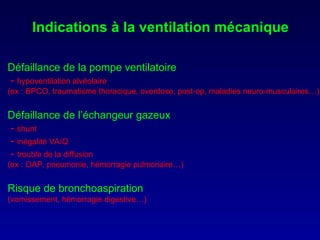 Indications à la ventilation mécanique Défail l ance de la pompe ventilatoire -  hypoventilation alvéolaire (ex : BPCO, traumatisme thoracique, overdose, post-op, maladies neuro-musculaires…) Défaillance de l’échangeur gazeux -  shunt -  inégalité VA/Q -  trouble de la diffusion (ex : OAP, pneumonie, hémorragie pulmonaire…)   Risque de bronchoaspiration (vomissement, hémorragie digestive…) 