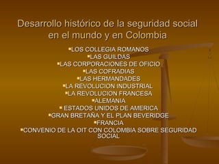Desarrollo histórico de la seguridad social
      en el mundo y en Colombia
             LOS   COLLEGIA ROMANOS
                    LAS GUILDAS
          LAS CORPORACIONES DE OFICIO
                   LAS COFRADIAS
                 LAS HERMANDADES
            LA REVOLUCION INDUSTRIAL
             LA REVOLUCION FRANCESA
                      ALEMANIA
            ESTADOS UNIDOS DE AMERICA
       GRAN BRETAÑA Y EL PLAN BEVERIDGE
                       FRANCIA
CONVENIO DE LA OIT CON COLOMBIA SOBRE SEGURIDAD
                        SOCIAL
 