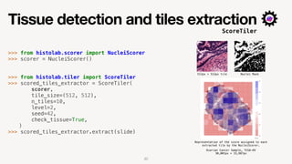 Tissue detection and tiles extraction
20
ScoreTiler
>>> from histolab.scorer import NucleiScorer
>>> scorer = NucleiScorer...