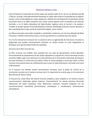 MÚSCULO VISCERAL O LISO
Está formado por la asociación de células largas que pueden medir de 5 a 10 um. de diámetro por 80
a 200 µm. de largo. Están generalmente dispuestas en capas sobre todo en las paredes de los órganos
huecos, como el tubo digestivo o vasos sanguíneos. Además de esta disposición encontramos células
musculares lisas en el tejido conjuntivo que reviste ciertos órganos como la próstata y las vesículas
seminales y en el tejido subcutáneo de determinadas regiones como el escroto y los pezones.
También se pueden agrupar formando pequeños músculos individuados (músculo erector del pelo), o
bien constituyendo la mayor parte de la pared del órgano, como el útero.
Las fibras musculares lisas están revestidas y mantenidas unidad por una red muy delicada de fibras
reticulares. También encontramos vasos y nervios que penetran y ramifican entre las células.
En el corte transversal el músculo liso se presenta como un aglomerado de estructuras circulares o
poligonales que pueden ocasionalmente presentar un núcleo central. En corte longitudinal se
distinguen una capa de células fusiformes paralelas.
Estructura de la fibra muscular lisa
La fibra muscular lisa también está revestida por una capa de glucoproteína amorfa (glucálix).
Frecuentemente los plasmalemas de dos células adyacentes se aproximan mucho formando uniones
estrechas (Tight) y gap. Esas estructuras no sólo participan de la transmisión intercelular del impulso,
sino que mantienen la unión entre las células. Existe un núcleo alargado y central por célula. La fibra
muscular lisa presenta haces de miofilamentos que cruzan en todas direcciones, formando una trama
tridimensional.
En el músculo liso también existen terminaciones nerviosas, pero el grado de control de la
contracción muscular por el sistema nervioso varia. Es importante las uniones gap, en la transmisión
del estímulo de célula a célula.
El músculo liso, recibe fibras del sistema nervioso simpático y para simpático y no muestra uniones
neuromusculares elaboradas (placas motoras). Frecuentemente los axones terminan formando
dilataciones del tejido conjuntivo. Estas dilataciones contienen vesículas sinápticas con los
neurotransmisores acetilcolina (terminaciones colinérgicas) o noradrenalina (terminaciones
adrenérgicas).

 
