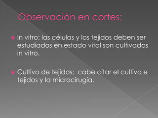  In vitro: las células y los tejidos deben ser
estudiados en estado vital son cultivados
in vitro.
 Cultivo de tejidos: cabe citar el cultivo e
tejidos y la microcirugía.
 