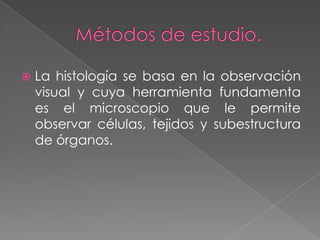  La histología se basa en la observación
visual y cuya herramienta fundamenta
es el microscopio que le permite
observar células, tejidos y subestructura
de órganos.
 
