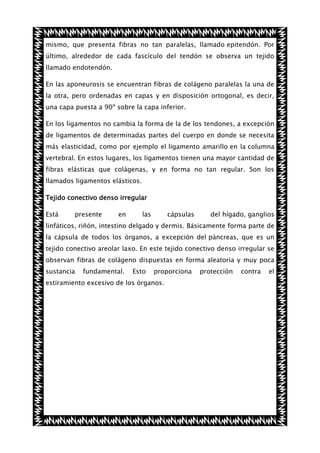 mismo, que presenta fibras no tan paralelas, llamado epitendón. Por
último, alrededor de cada fascículo del tendón se observa un tejido
llamado endotendón.
En las aponeurosis se encuentran fibras de colágeno paralelas la una de
la otra, pero ordenadas en capas y en disposición ortogonal, es decir,
una capa puesta a 90º sobre la capa inferior.
En los ligamentos no cambia la forma de la de los tendones, a excepción
de ligamentos de determinadas partes del cuerpo en donde se necesita
más elasticidad, como por ejemplo el ligamento amarillo en la columna
vertebral. En estos lugares, los ligamentos tienen una mayor cantidad de
fibras elásticas que colágenas, y en forma no tan regular. Son los
llamados ligamentos elásticos.
Tejido conectivo denso irregular
Está

presente

en

las

cápsulas

del hígado, ganglios

linfáticos, riñón, intestino delgado y dermis. Básicamente forma parte de
la cápsula de todos los órganos, a excepción del páncreas, que es un
tejido conectivo areolar laxo. En este tejido conectivo denso irregular se
observan fibras de colágeno dispuestas en forma aleatoria y muy poca
sustancia

fundamental.

Esto

proporciona

estiramiento excesivo de los órganos.

protección

contra

el

 