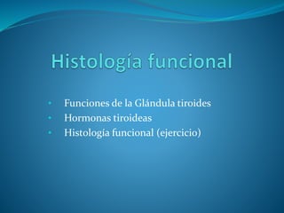 • Funciones de la Glándula tiroides
• Hormonas tiroideas
• Histología funcional (ejercicio)
 