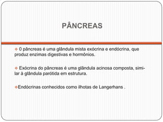 PÂNCREAS
 0 pâncreas é uma glândula mista exócrina e endócrina, que
produz enzimas digestivas e hormônios.
 Exócrina do pâncreas é uma glândula acinosa composta, simi-
lar à glândula parótida em estrutura.
Endócrinas conhecidos como ilhotas de Langerhans .
 