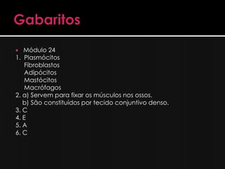   Módulo 24
1. Plasmócitos
    Fibroblastos
    Adipócitos
    Mastócitos
    Macrófagos
2. a) Servem para fixar os músculos nos ossos.
   b) São constituídos por tecido conjuntivo denso.
3. C
4. E
5. A
6. C
 